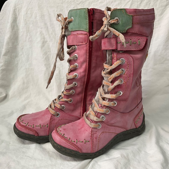 TMA Eyes Pink Leather Green Trim Lace Up Boots (EU size 37) - Picture 2 of 10